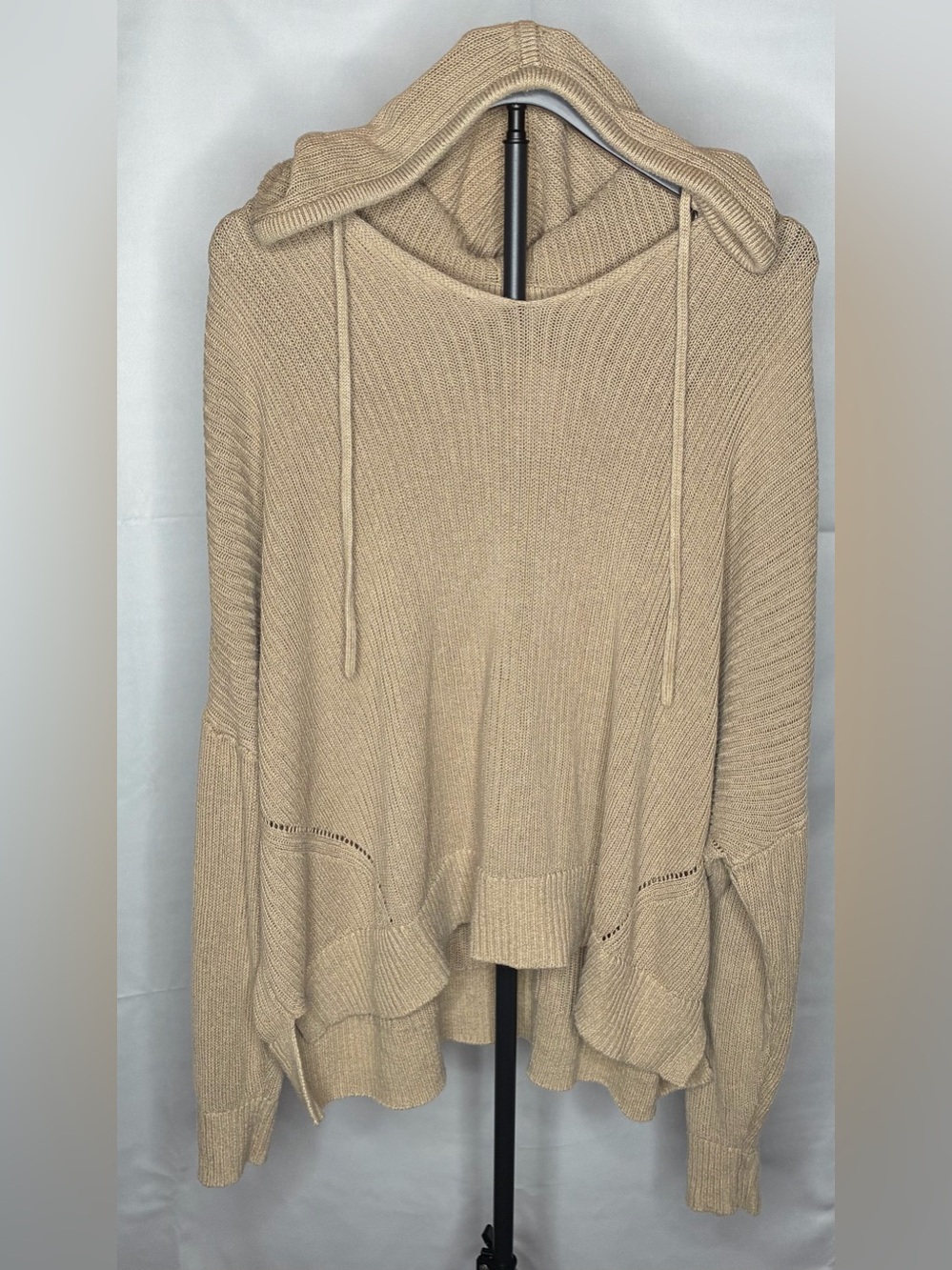 Women's Beige Haven Well Within Hooded Ruffle-Hem Knit Sweater